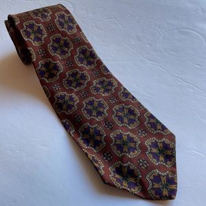 XMI 100% silk necktie tie, handmade in USA brown w/ geometric figures 55” X 3.5”